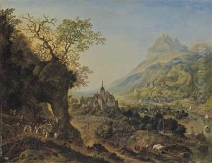 An Extensive Rhenish Landscape With Peasants Harvesting On The Mountain Sides And In The Valley, And Various Sailing Vessels On The River Below by Jan Griffier the Elder
