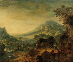 A River Landscape With Peasants Harvesting Fruit And Grapes by Jan Griffier the Elder