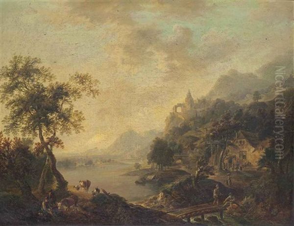 An Extensive River Landscape With Drovers And Their Cattle, Mountains Beyond - view 1