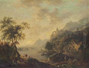 An Extensive River Landscape With Drovers And Their Cattle, Mountains Beyond by Jan Griffier the Elder