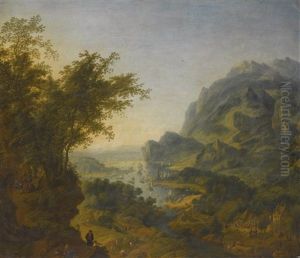 Rhenish Landscape With A Steep Forest Path On The Left by Jan Griffier the Elder