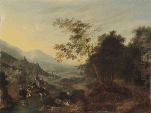 A Rhenish River Landscape With Travellers On A Path, Boats Moored Near A Castle On A Hill, A Town Beyond by Jan Griffier the Elder