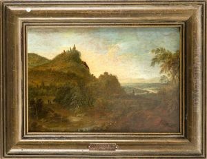 Ideale Landschaft Im Abendlicht Mit Burgruinen U. Figurenstaffage by Jan Griffier the Elder