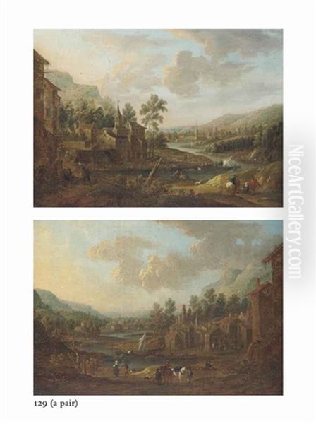 A Wooded River Landscape With A Village By A Shore...; A Wooded River Landscape With A Village On A Shore... (pair) - view 1