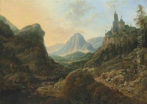 A Mountainous River Landscape With Figures On A Path Outside An Inn, A Castle On A Mountaintop Beyond by Jan Griffier the Elder