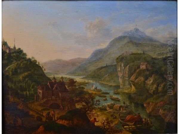 Figures And Boats On A River In A Mountainous Landscape - view 1