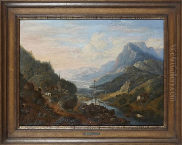 Rhenlandskt Flodlandskap Med By Och Figurer - view 1