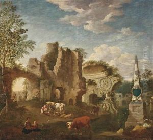 An Italianate Landscape With Classical Ruins, Drovers And Their Herd At Rest by Jan Griffier the Elder