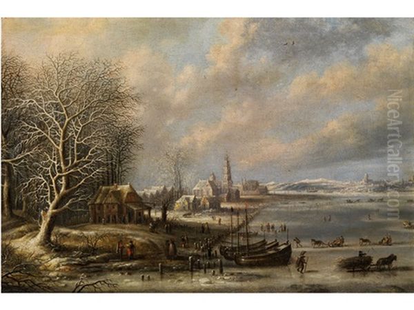 Hollandische Winterlandschaft Mit Kirchturm Zwischen Verschneiten Hausern Sowie Eisvergnugen Auf Gefrorenem See - view 1