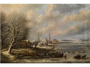 Hollandische Winterlandschaft Mit Kirchturm Zwischen Verschneiten Hausern Sowie Eisvergnugen Auf Gefrorenem See