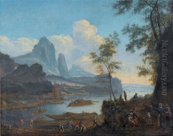 Belebte Rheinuferszene Mit Holzarbeitern Und Staffage - view 1