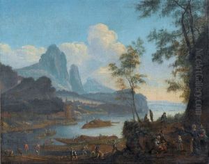 Belebte Rheinuferszene Mit Holzarbeitern Und Staffage by Jan Griffier the Elder