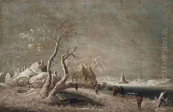 A Winter River Landscape With Figures On A Track - view 1