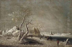 A Winter River Landscape With Figures On A Track by Jan Griffier the Elder