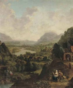 A Rhenish River Landscape With Figures Travelling And Conversing Beside A Track, A City Beyond