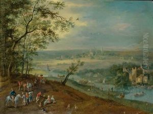 Riviere Serpentant Dans Une Plaine, Paysans Revenant Du Marche Au Premier Plan by Jan Griffier the Elder