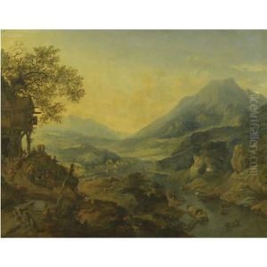 A Rhenish River Landscape With Peasants At A Hillside Inn, Shepherds And Haymakers Below, Mountains Beyond