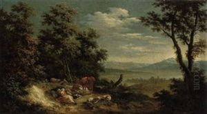 A Wooded Landscape With Resting Shepherds And Cattle, Sheep And A Dog A Wooded Landscape With Resting Shepherds And Cattle, Sheep And A Dog
