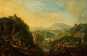 Multitude Of Figures In Mountainous Landscape by Jan Griffier the Elder