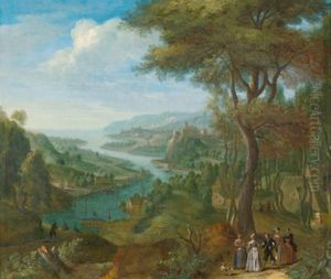Bewaldete Fluslandschaft Mit Einer Burganlage Und Figuren by Jan Griffier the Elder
