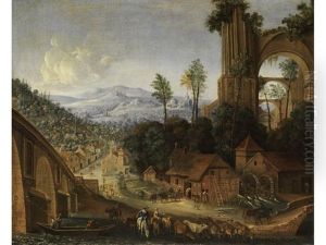 Stadtlandschaft Mit Blick Ins Tal Und Einer Grosen Kirchenruine by Jan Griffier the Elder