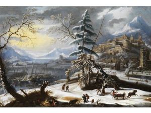 Winterlandschaft Mit Burg Und Zugefrorenem See Und Figurenstaffage