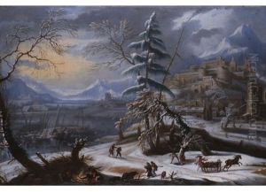Winterlandschaft Vor Burg Und Zugefrorenem See by Jan Griffier the Elder