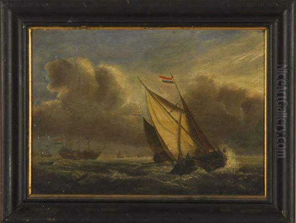A Ship And Sailboats In Rough Water Under A Stormy Sky - view 1