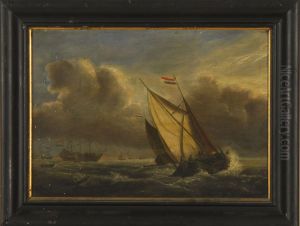 A Ship And Sailboats In Rough Water Under A Stormy Sky by Richard Augustin Baigent