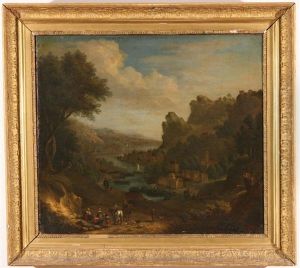 River Landscape With Figures, Boats, And Village