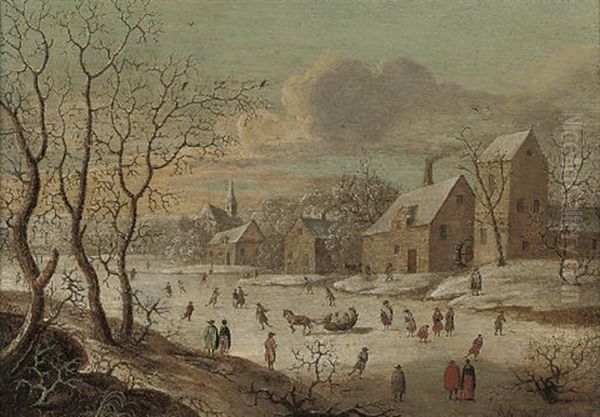 A Frozen River Landscape With Figures Playing Kolf, By A Village - view 1