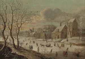 A Frozen River Landscape With Figures Playing Kolf, By A Village by Jan Griffier the Elder