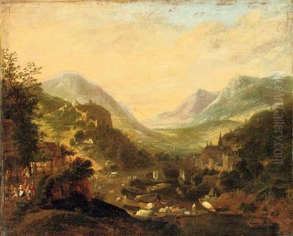 A Rhenish Landscape With Travellers And Figures In Moored Boats Near A Castle On A Hill, A Town Beyond - view 1