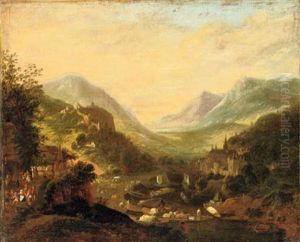 A Rhenish Landscape With Travellers And Figures In Moored Boats Near A Castle On A Hill, A Town Beyond