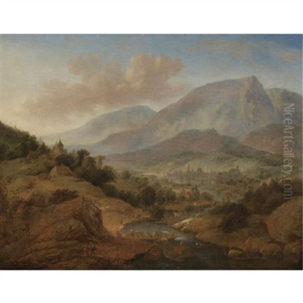 An Extensive Rhenish River Landscape, With Figures Unloading Cargo Boats In The Foreground - view 1