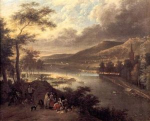 Famille De Bohemiens Devant Un Paysage De La Vallee Du Rhin