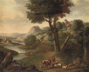 A River Landscape With A Shepherd And His Flock On A Track