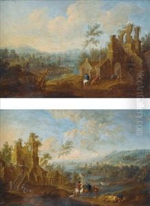 Extensive River Landscape With A Hawking Party Before A Cottage (+ Another, Similar; Pair) by Jan Griffier the Elder
