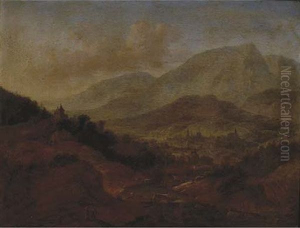 A Rhenish Landscape With Travellers And Merchants On Moored Boats, A Town In The Distance - view 1