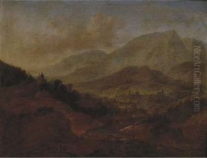A Rhenish Landscape With Travellers And Merchants On Moored Boats, A Town In The Distance by Jan Griffier the Elder