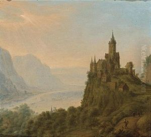 An Extensive Mountainous Landscape With A Castle On A Hill Top by Jan Griffier the Elder