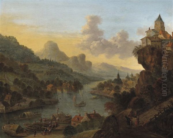 Rheinlandschaft Mit Vielen Schiffen Und Figuren - view 1