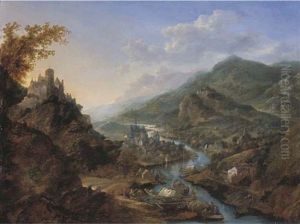 A Rhenish Landscape With Travellers And Figures On Moored Boats Near A Castle On A Hill, A Town Beyond