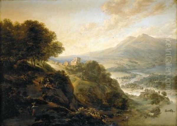 An Extensive Mountainous River Landscape With Peasants Resting By A Path, A Small Fortified Town In A Valley Beyond - view 1