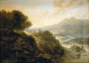 An Extensive Mountainous River Landscape With Peasants Resting By A Path, A Small Fortified Town In A Valley Beyond by Jan Griffier the Elder