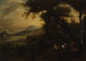 A Rhenish Landscape With Mounted Figures On A Wooded Track by Jan Griffier the Elder