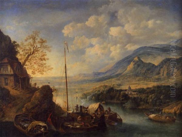 Weite Rheinlandschaft Mit Lastkahnen Und Schiffern Unterhalb Einer Kate - view 1