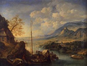 Weite Rheinlandschaft Mit Lastkahnen Und Schiffern Unterhalb Einer Kate by Jan Griffier the Elder