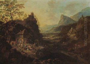 A Rhenish Mountainous River Landscape With Horsemen And Travellers Near An Inn With Castles And Villages Beyond by Jan Griffier the Elder