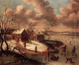 A Winter Landscape With Figures Skating On A Frozen River Before A Hamlet by Jan Griffier the Elder